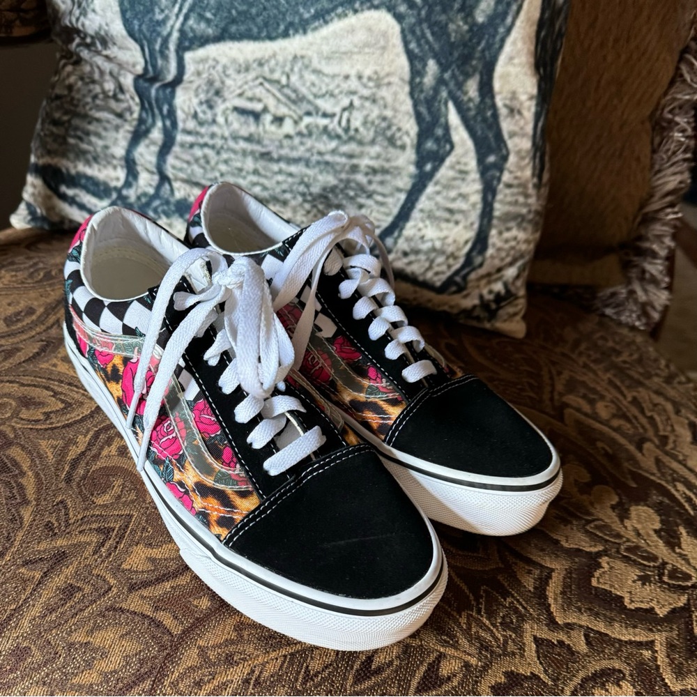 Vans Old Skool Rose Leopard Animal Print Check Checker Black Suede 6.6